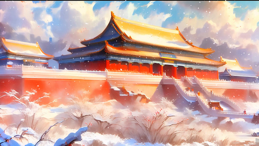 红墙黄瓦漂亮唯美的雪后古风卡通建筑视频
