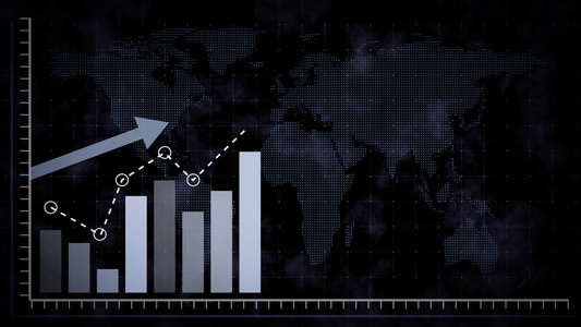 正在上升的蓝色条形图和虚写的世界地图视频