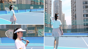 女生携球拍走上网球场12秒视频