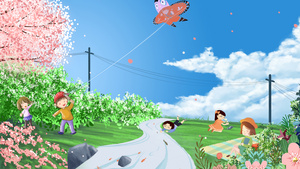 春游放风筝卡通背景30秒视频