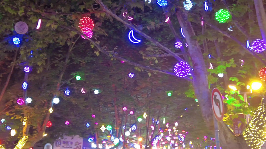 城市夜景灯光装饰树枝树叶实拍 视频