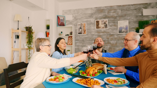 家庭在晚餐时喝红酒吃着美味的食物放大镜头视频