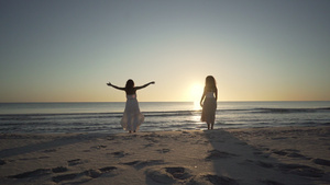 两个拥抱生活和自然的女性朋友站在海边望着太阳10秒视频