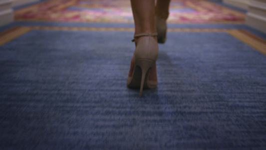 穿着蜜蜂鞋的性感女人在地毯板后视线上行走视频