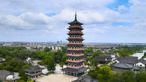 5A风景区扬州地标古寺大明寺栖灵塔佛塔航拍4K74秒视频