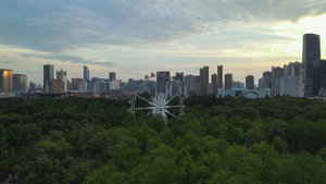 航拍城市风光夕阳晚霞天空落日余晖下的森林公园摩天轮城市风景素材37秒视频