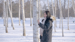 4K女孩漫步林间雪景赏雪游览16秒视频