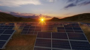 散落在沙漠中的太阳能电池板与山和美丽的日落相对14秒视频