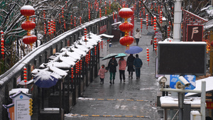 慢镜头升格拍摄4k素材冬天飘雪的节日氛围红灯笼街道路人雪景4k素材60秒视频