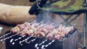 生的肉在芒果上烤用金属串烹调的肉片8秒视频