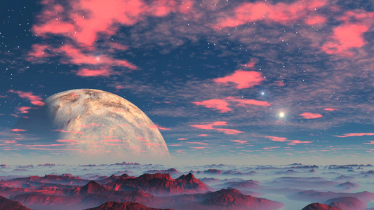 红色蓝雾的沙尘暴地平线上有一个巨大的行星视频