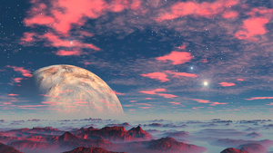 红色蓝雾的沙尘暴地平线上有一个巨大的行星13秒视频