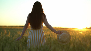 美丽的年轻女子手里拿着一顶帽子走在绿色的田野里浪漫21秒视频
