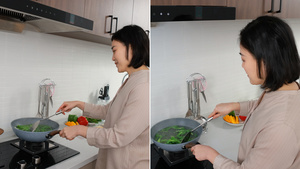  中年短发女性厨房烧菜32秒视频