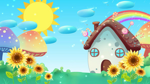 4K温馨可爱卡通房屋向日葵摇摆背景视频30秒视频