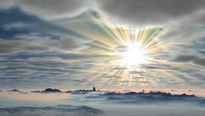 阳光照亮了光线白毛云在山上蓝色天空中慢慢飘浮14秒视频