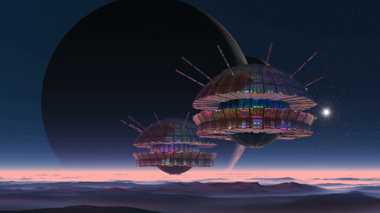 宇宙飞船在两颗巨大的行星的背景上飞行视频