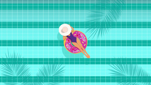 在游泳池的女孩游泳用粉色的可充气甜甜圈10秒视频