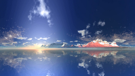 水的镜面反射蓝色天空浮云和沿海山脉视频