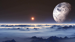 在迷雾的地平线一个巨大的蓝色星球明亮太阳15秒视频