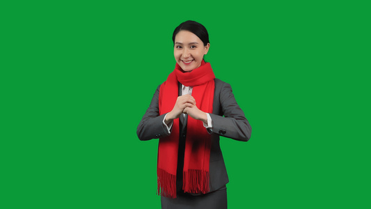 4K绿幕商务女性拜年作揖视频