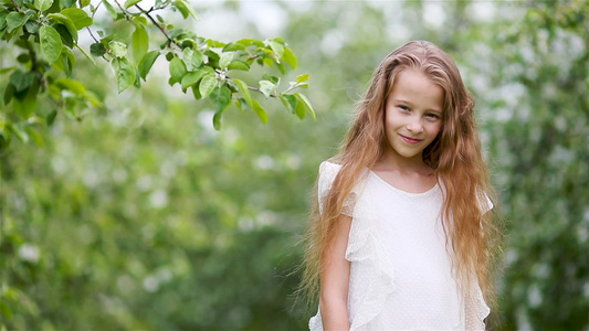 可爱的小女孩在美丽的春日在盛开的苹果园视频