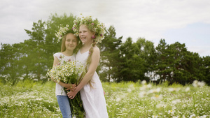 两个女朋友在花圈与鲜花花束拥抱而摆在绿色的田野上年轻11秒视频