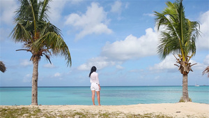 在海边的年轻女子在狂喜节度假期间站在反古阿岛棕榈树6秒视频