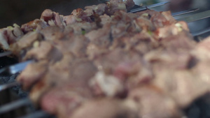 生肉串在烤架上烹饪生猪肉串闭合卤肉烧烤13秒视频