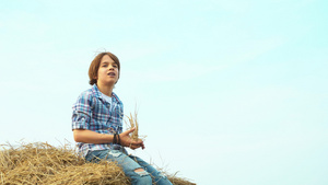 小男孩少年坐在村里收割场的干草堆上尖叫14秒视频