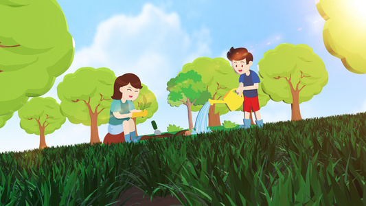 卡通风格三维植树节模板视频