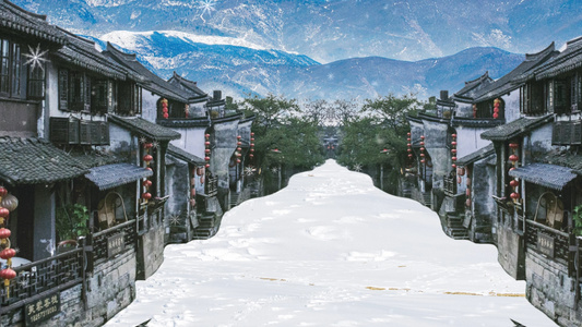 简洁小品舞台节目冬天村庄雪景模拟场景视频