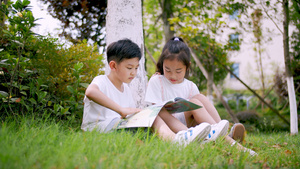 4k实拍小朋友在户外草地坐着认真看书39秒视频