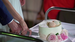婚礼蛋糕传统的庆祝晚宴甜点新娘和新郎的切片16秒视频