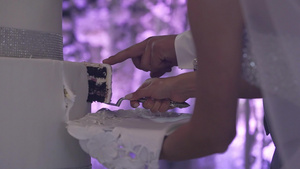 婚礼蛋糕传统的庆祝晚宴甜点新娘和新郎的切片7秒视频