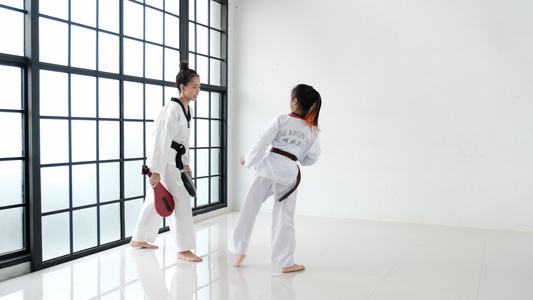 Taekwondo教练使用踢踏或训练工具在健身房实习视频