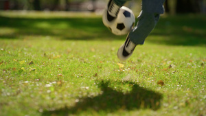 明媚眼光下绿色场地上踢足球的脚步特写11秒视频