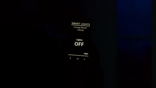 近身手握着一个声音激活智能灯光应用程序用于对房子的视频
