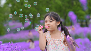 薰衣草花田里小女孩吹泡泡升格50p8秒视频