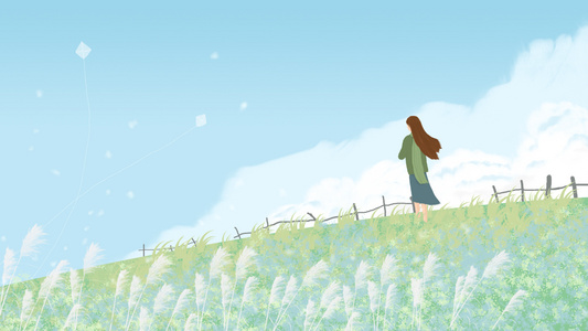 草地上看风筝的女孩动态背景[绿茵茵]视频