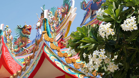 传统东方道教修道院寺庙屋顶细节节日龙装饰阳光明媚视频
