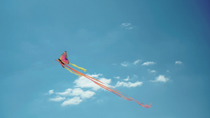 五颜六色的蝴蝶形风筝长着长尾在与世隔绝的水晶蓝天中11秒视频