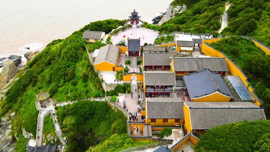 5A风景区普陀山梵音洞寺庙特写航拍合集4K视频