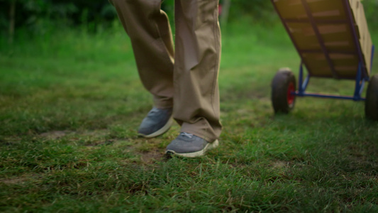 去果园的农民腿在生态花园种植园中携带农业设备视频