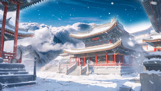 风雪唯美的卡通古建筑背景视频视频