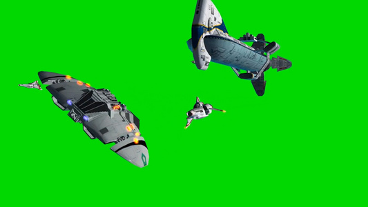战斗之星太空船在绿色屏幕上飞过视频
