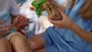 无法识别的女孩手拿着三明治特写14秒视频
