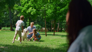 在公园模糊的视野中看着家人和狗玩耍的女人8秒视频