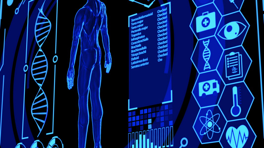 3d人类模型在医学前期休眠显示屏幕上旋转包括图标数字视频