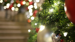 节日装饰的户外圣诞树特写镜头与明亮的红色球模糊闪闪发光10秒视频